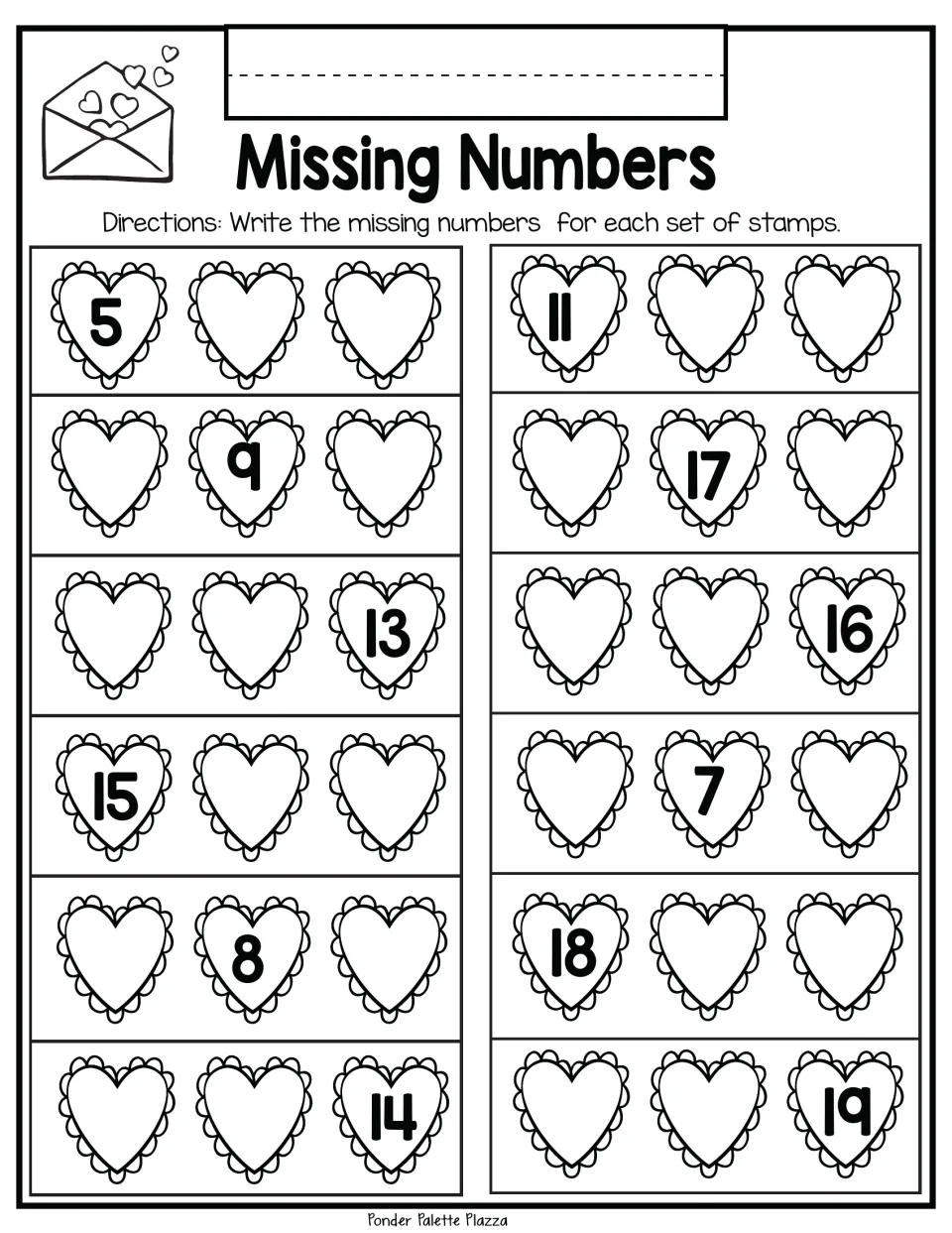 Missing-number practice sheet 4: complete 12 three-number stamp sets, including 5, __, __ and __, 9, __.