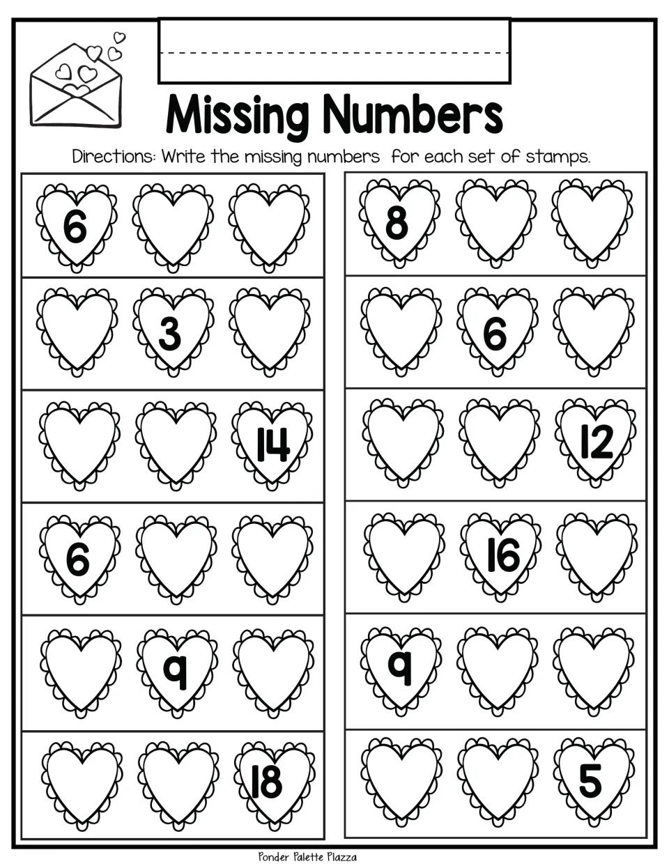 Missing-number practice sheet 5: complete 12 three-number stamp sets, including 6, __, __ and __, 3, __.