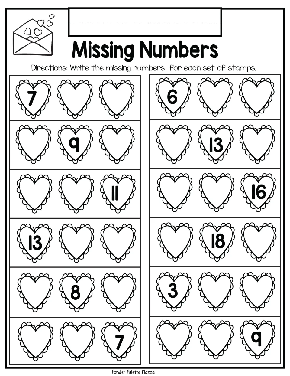 Missing-number practice sheet 6: complete 12 three-number stamp sets, including 7, __, __ and __, 9, __.