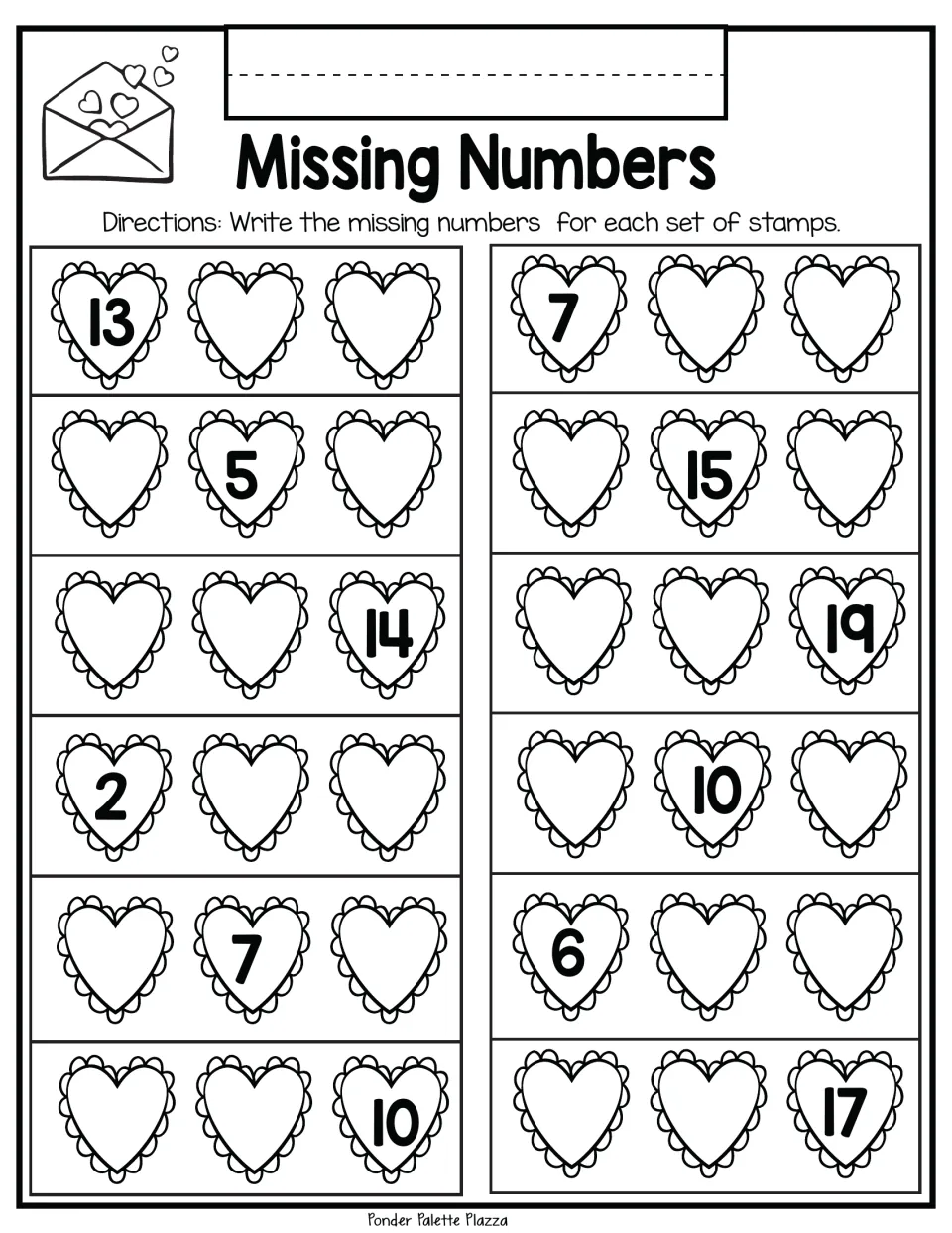 Missing-number practice sheet 7: complete 12 three-number stamp sets, including 13, __, __ and __, 5, __.