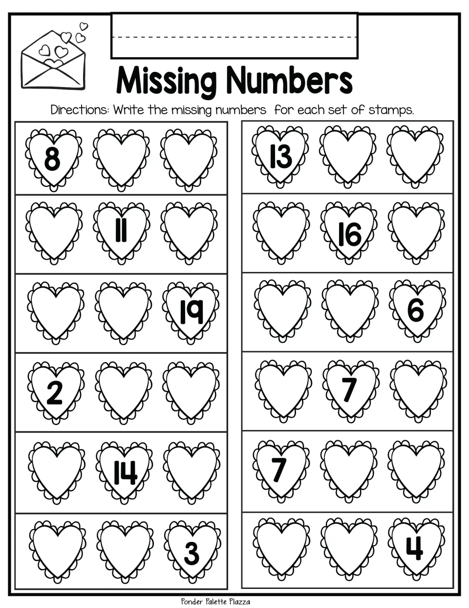 Missing-number practice sheet 8: complete 12 three-number stamp sets, including 8, __, __ and __, 11, __.