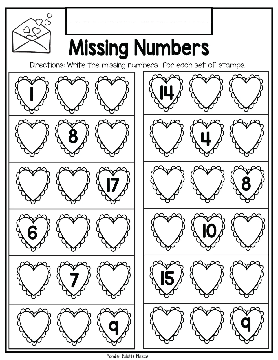 Missing-number practice sheet 9: complete 12 three-number stamp sets, including 1, __, __ and __, 8, __.