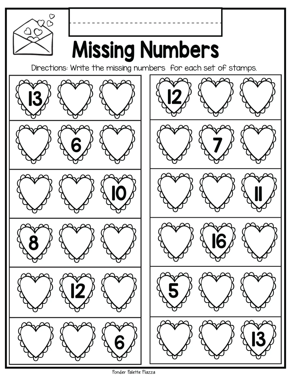 Missing-number practice sheet 10: complete 12 three-number stamp sets, including 13, __, __ and __, 6, __.