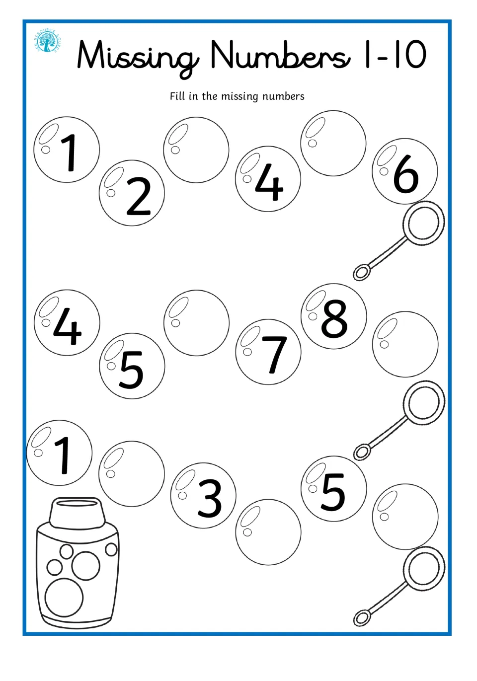 Counting 1-10 with bubbles: students write the absent numbers in blank bubbles across three rows to complete each sequence