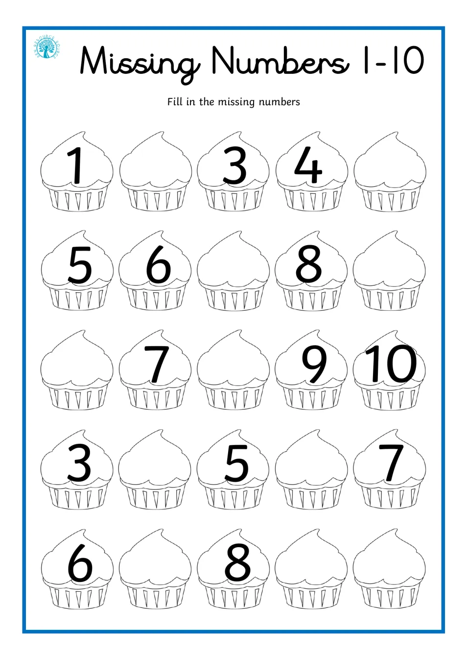 Number sequencing to 10 on cupcakes: students fill blank cupcakes in five rows, such as writing 2 between 1 and 3