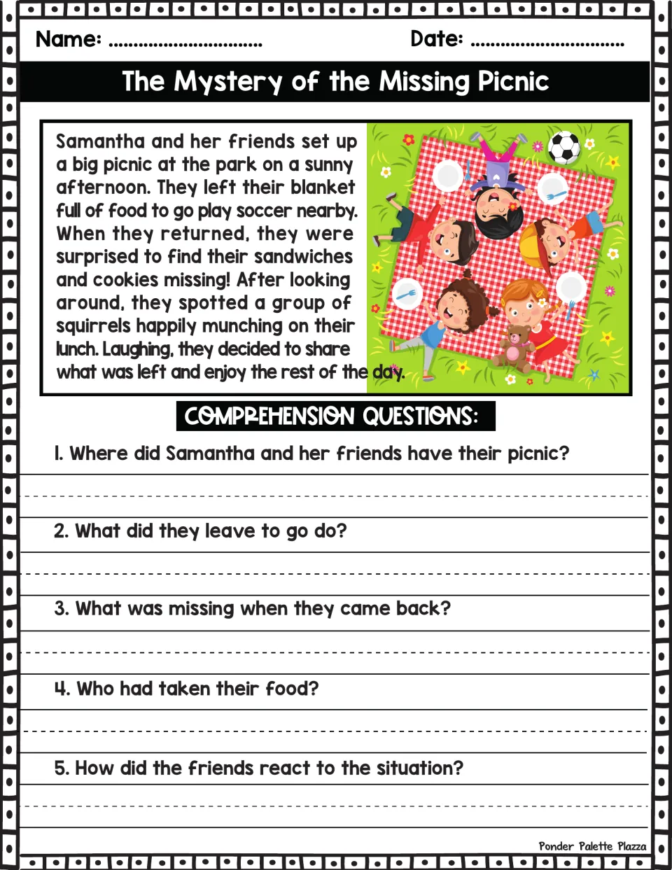 The Mystery of the Missing Picnic: students read a short squirrel story and answer 5 written comprehension questions