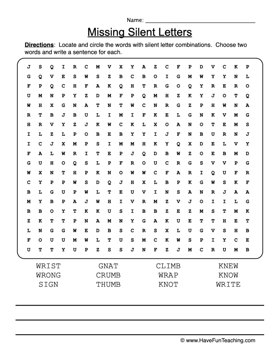 Silent-letter word search for wrist, wrong, sign and nine more words, followed by two sentence-writing tasks.