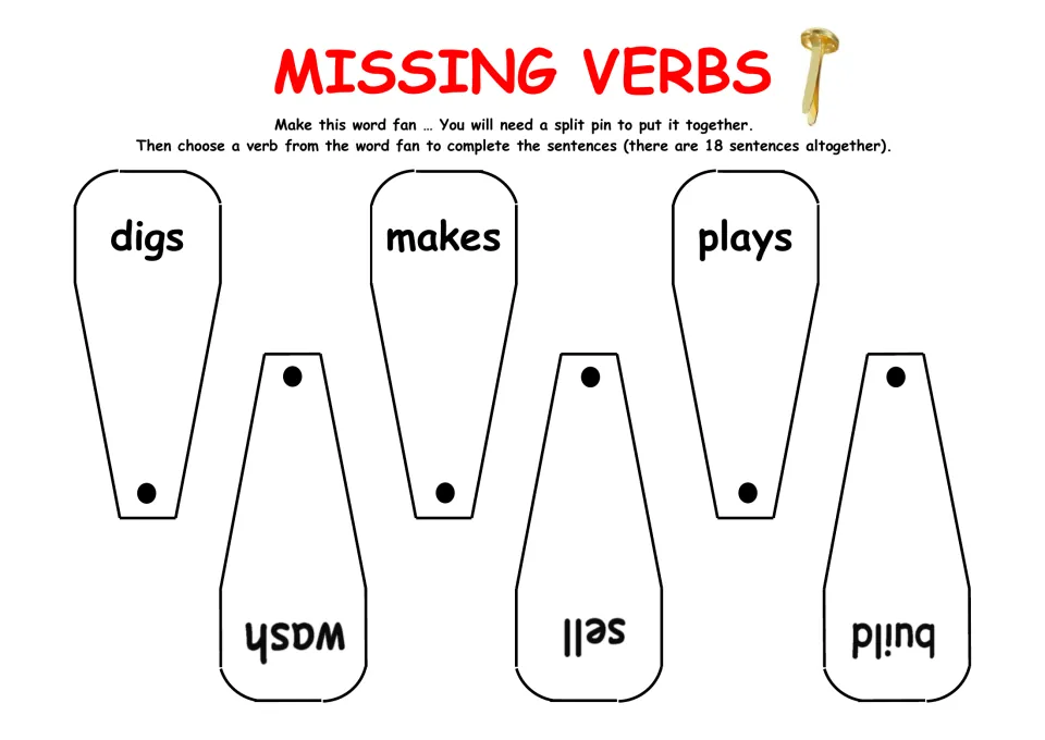 Verb word fan: students cut out six blades (digs, makes, plays, wash, sell, build) and join them with a split pin