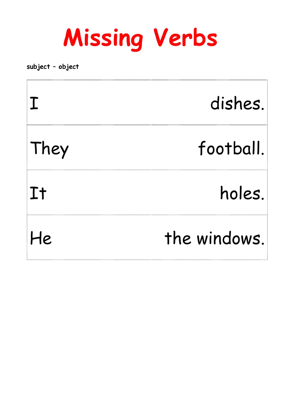 Verb choice sentences: students pick a fan verb to finish I dishes, They football, It holes and He the windows