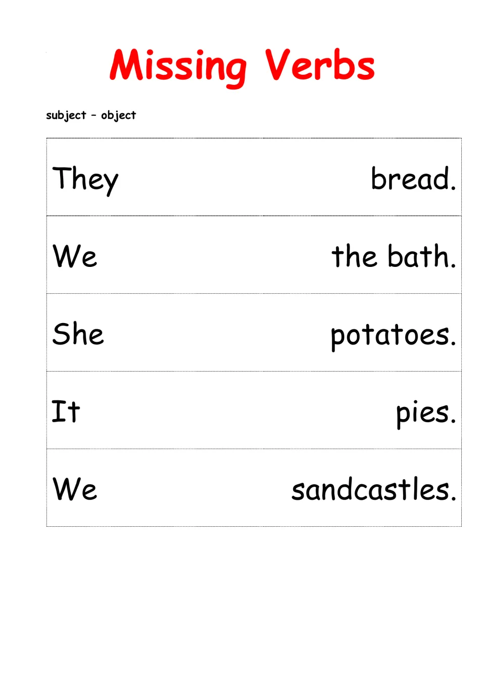 Completing sentences with verbs: They bread, We the bath, She potatoes, It pies and We sandcastles need a verb added