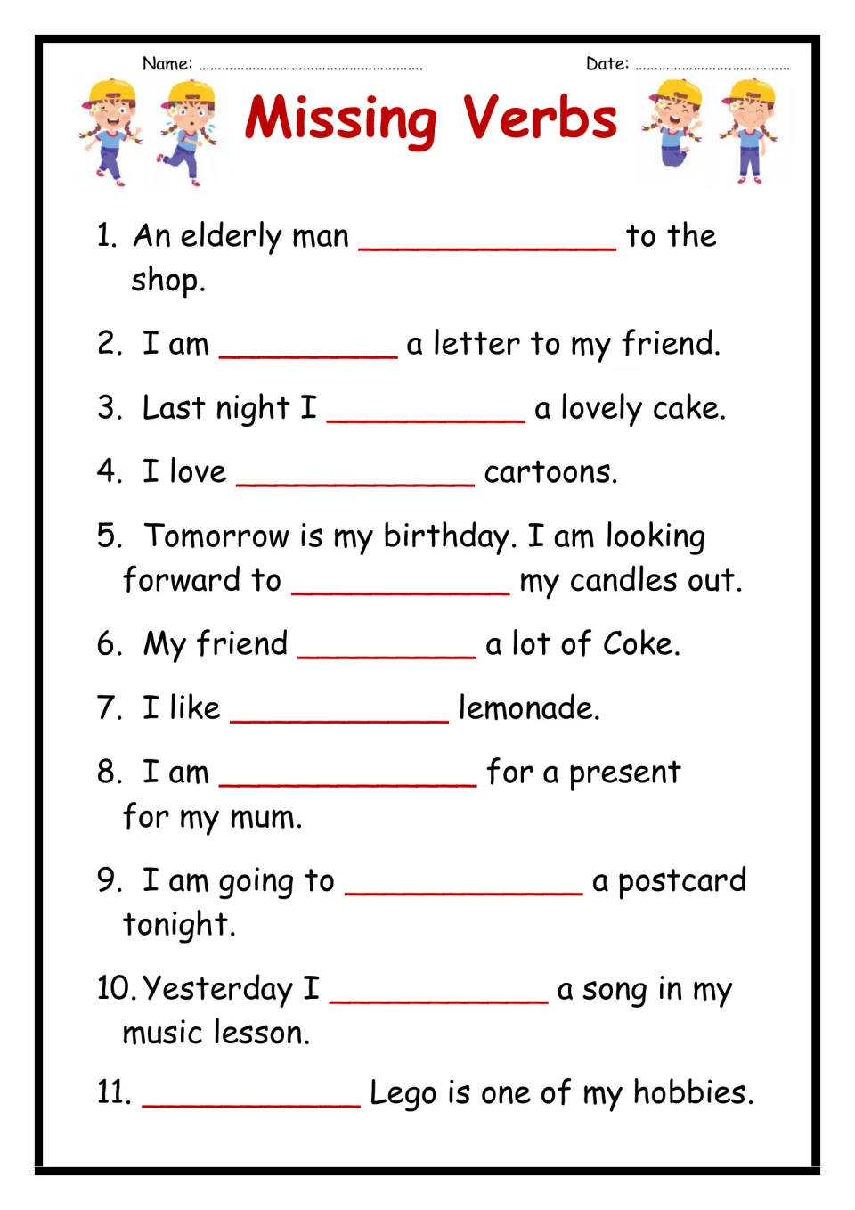 Missing verbs: students write a verb in each blank to finish 11 sentences, like baking a cake or drinking lemonade