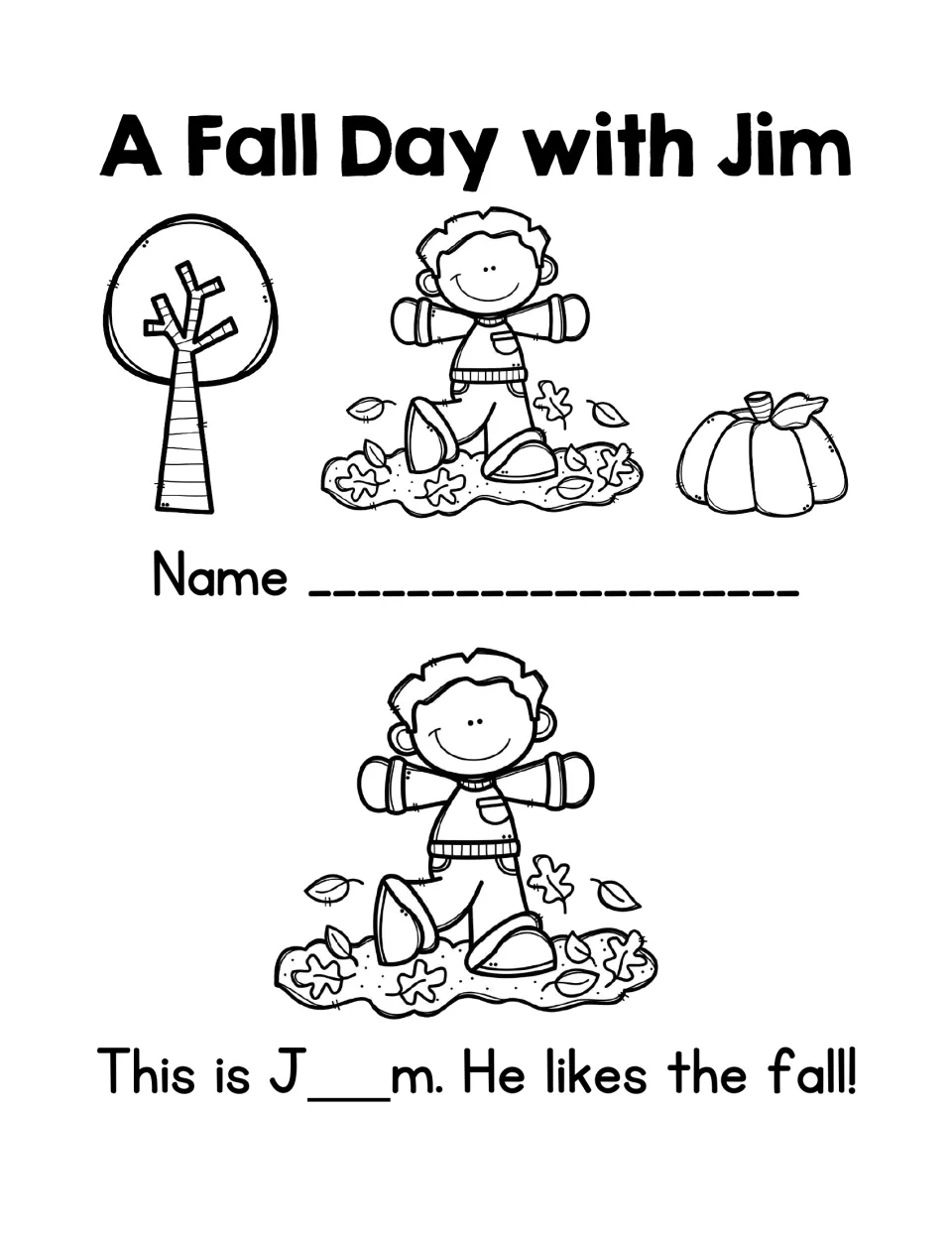 A Fall Day with Jim title page: students write their name and add the missing vowel to J_m in 'This is J_m.'
