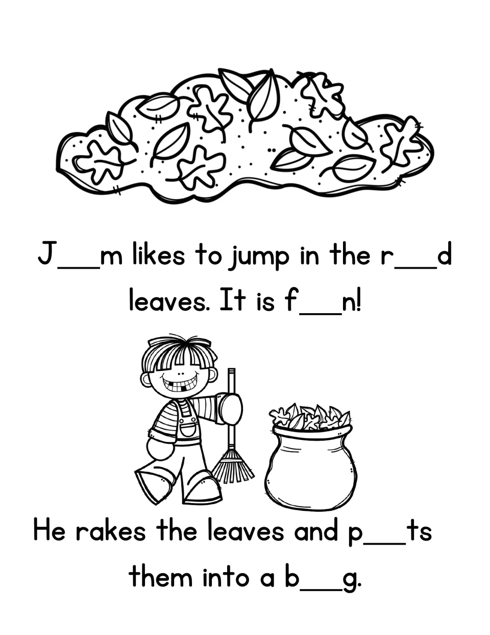 Medial vowel story page: students fill in the vowel for Jim, red, fun, puts and bag as Jim jumps in and rakes leaves
