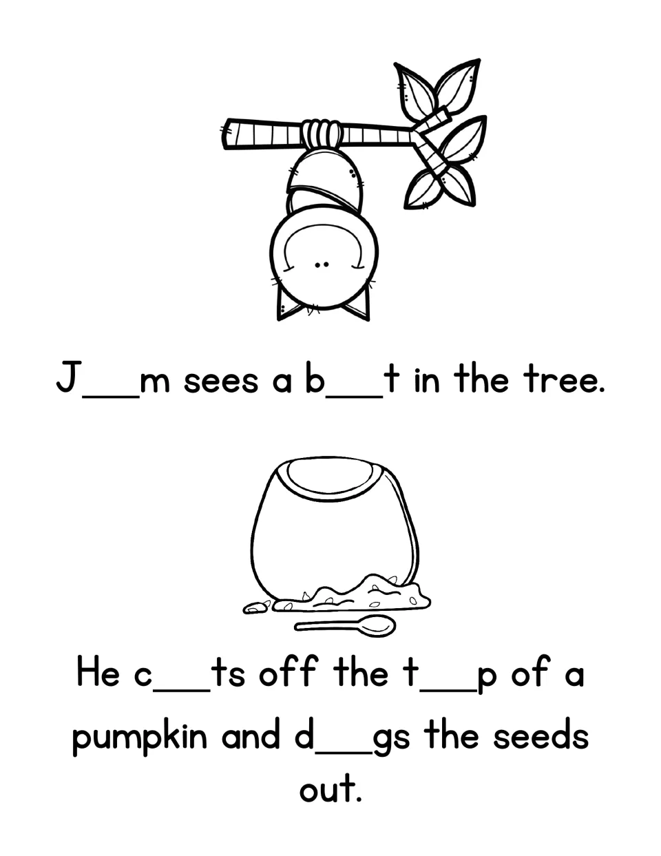 CVC vowel story page: students complete Jim, bat, cuts, top and digs as Jim sees a bat and scoops pumpkin seeds