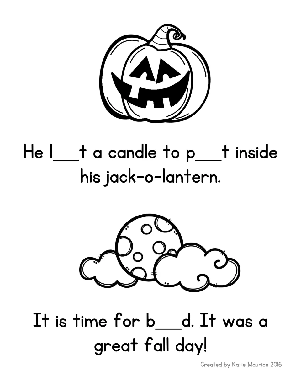 Final story page: students fill in the middle vowel of lit, put and bed as Jim lights a jack-o-lantern and goes to bed