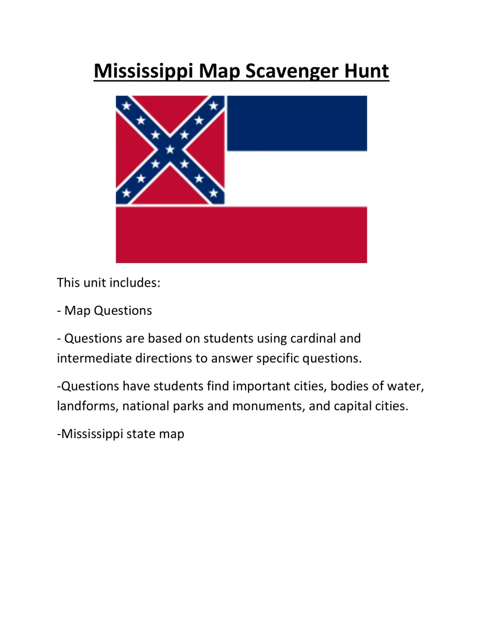 Cover of Mississippi Map Scavenger Hunt, listing map questions, direction practice, and a state map.