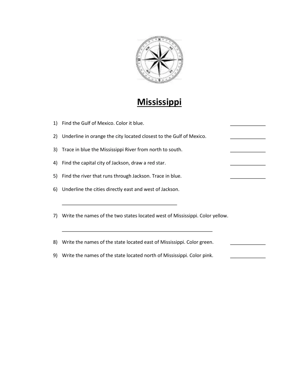 Nine map questions ask students to locate Jackson, trace rivers, and identify Mississippi's neighbors.