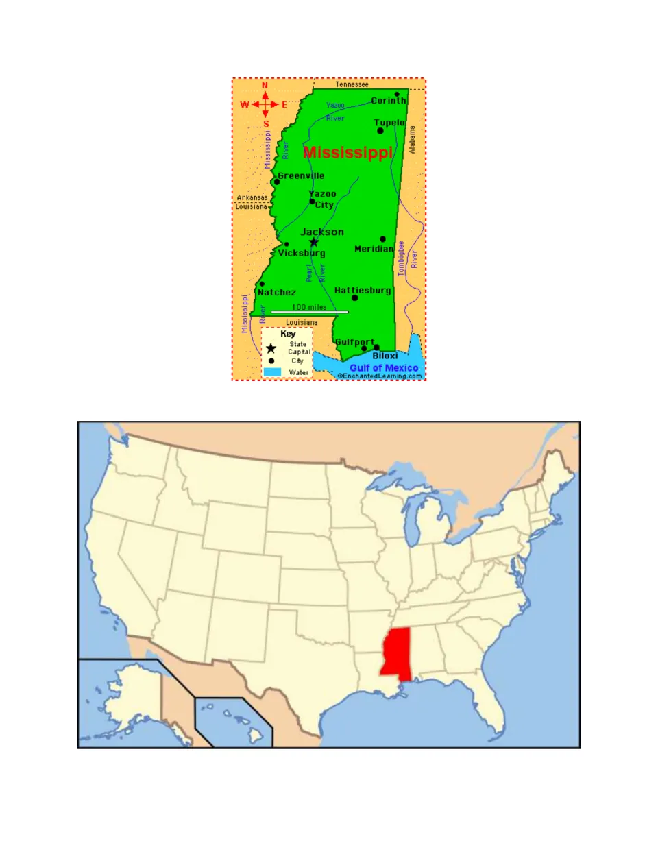 Reference maps for the nine questions show Mississippi cities, rivers, neighbors, and its U.S. location.