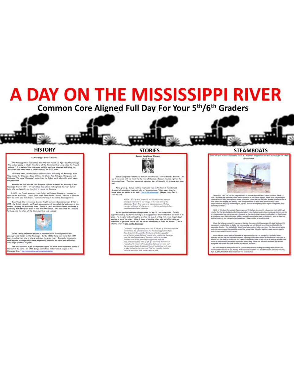 Cover of the Mississippi River activity packet for fifth and sixth graders, highlighting history, stories, and steamboats