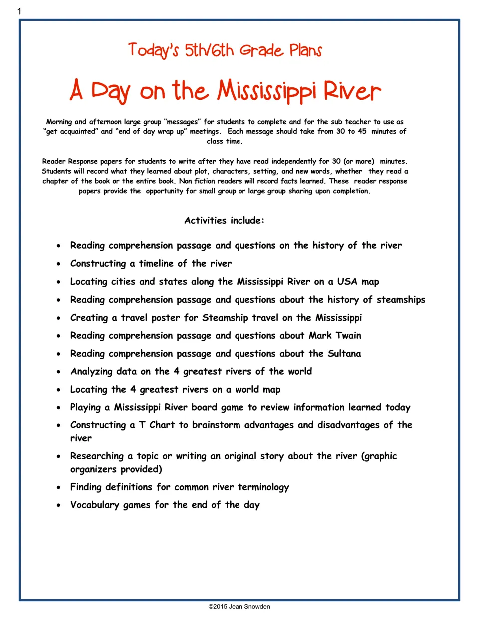 Teacher overview of river activities: reading, timeline construction, mapping, a board game, and vocabulary
