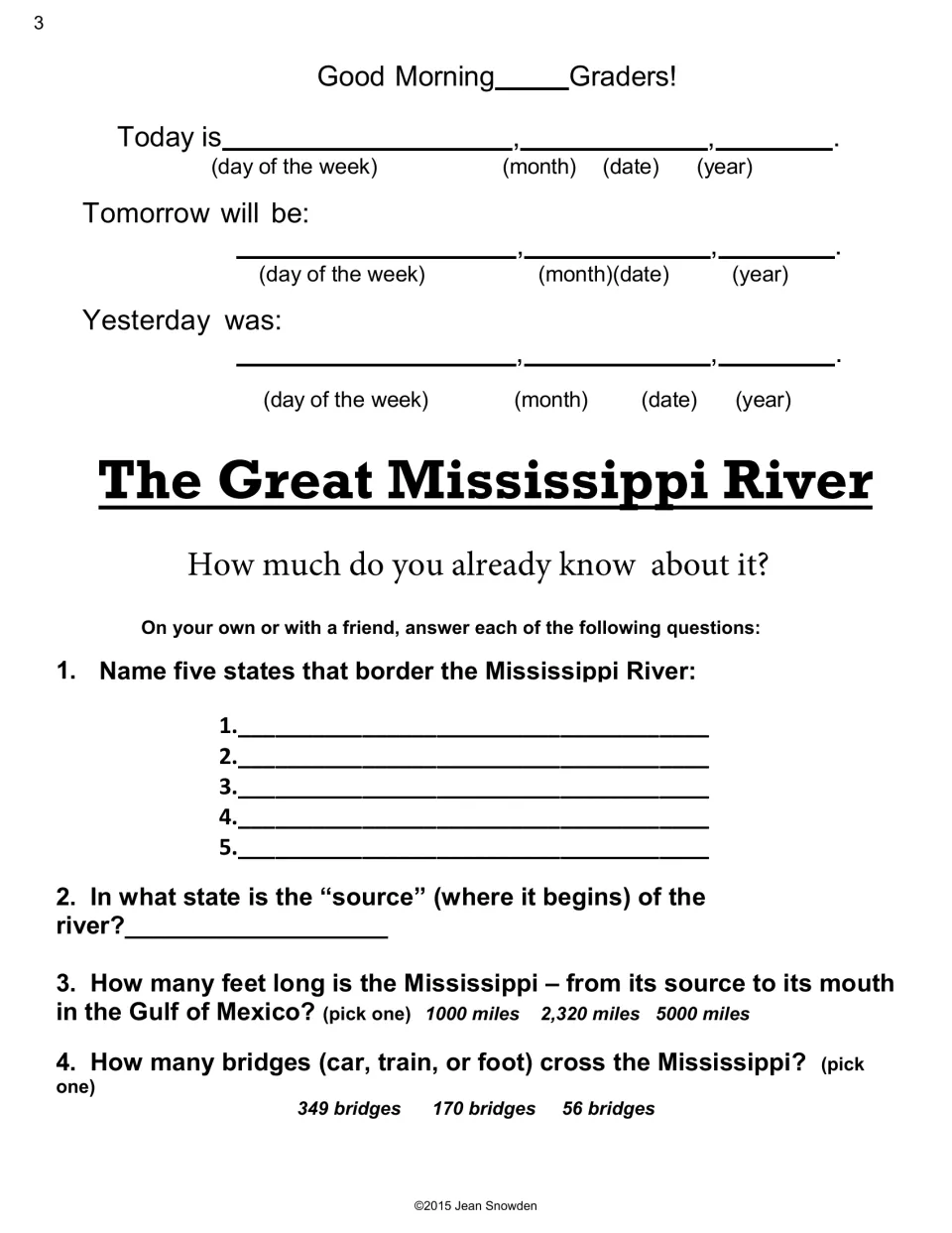 Morning message asks students to record dates and answer questions about river states, source, length, and bridges
