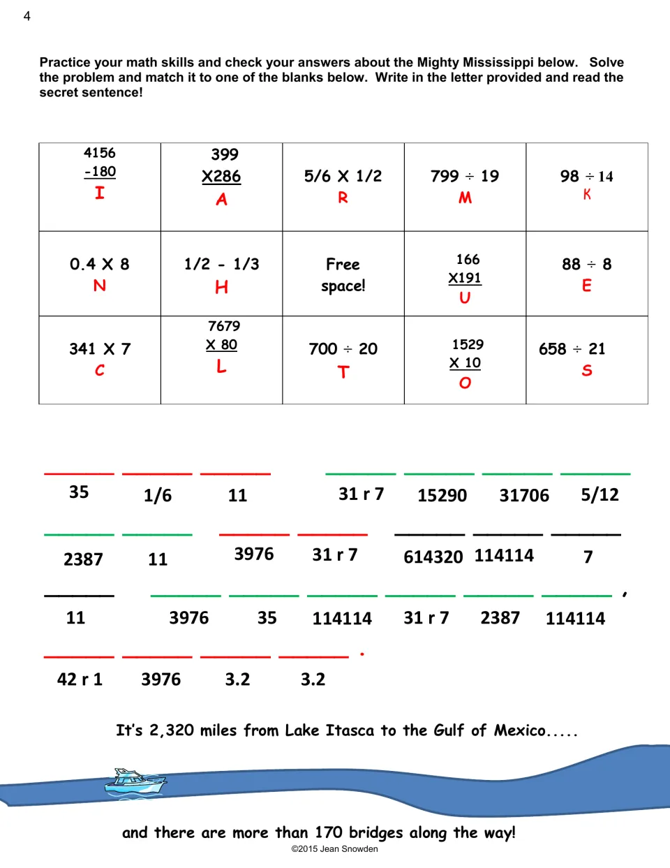 Math practice uses whole numbers, fractions, and decimals to decode a sentence naming the Mississippi River's source