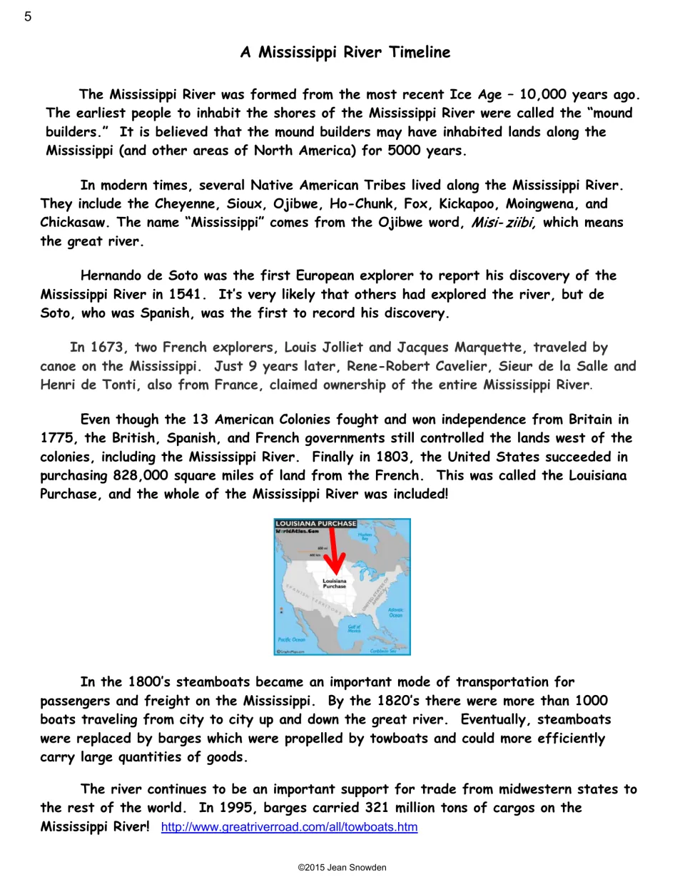 River history passage covers Indigenous peoples, European explorers, the Louisiana Purchase, steamboats, and trade