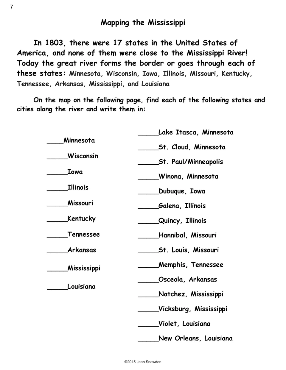 Mapping directions list ten river states and fifteen locations, including Lake Itasca, Hannibal, and New Orleans