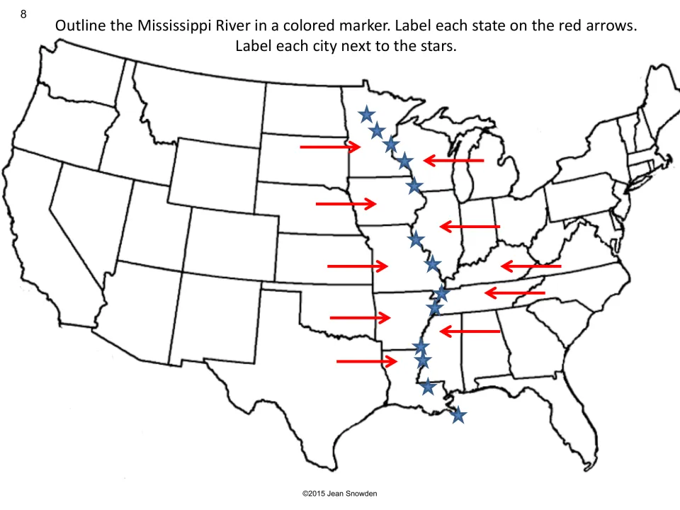 U.S. map activity asks students to trace the Mississippi River in color and label its states and cities