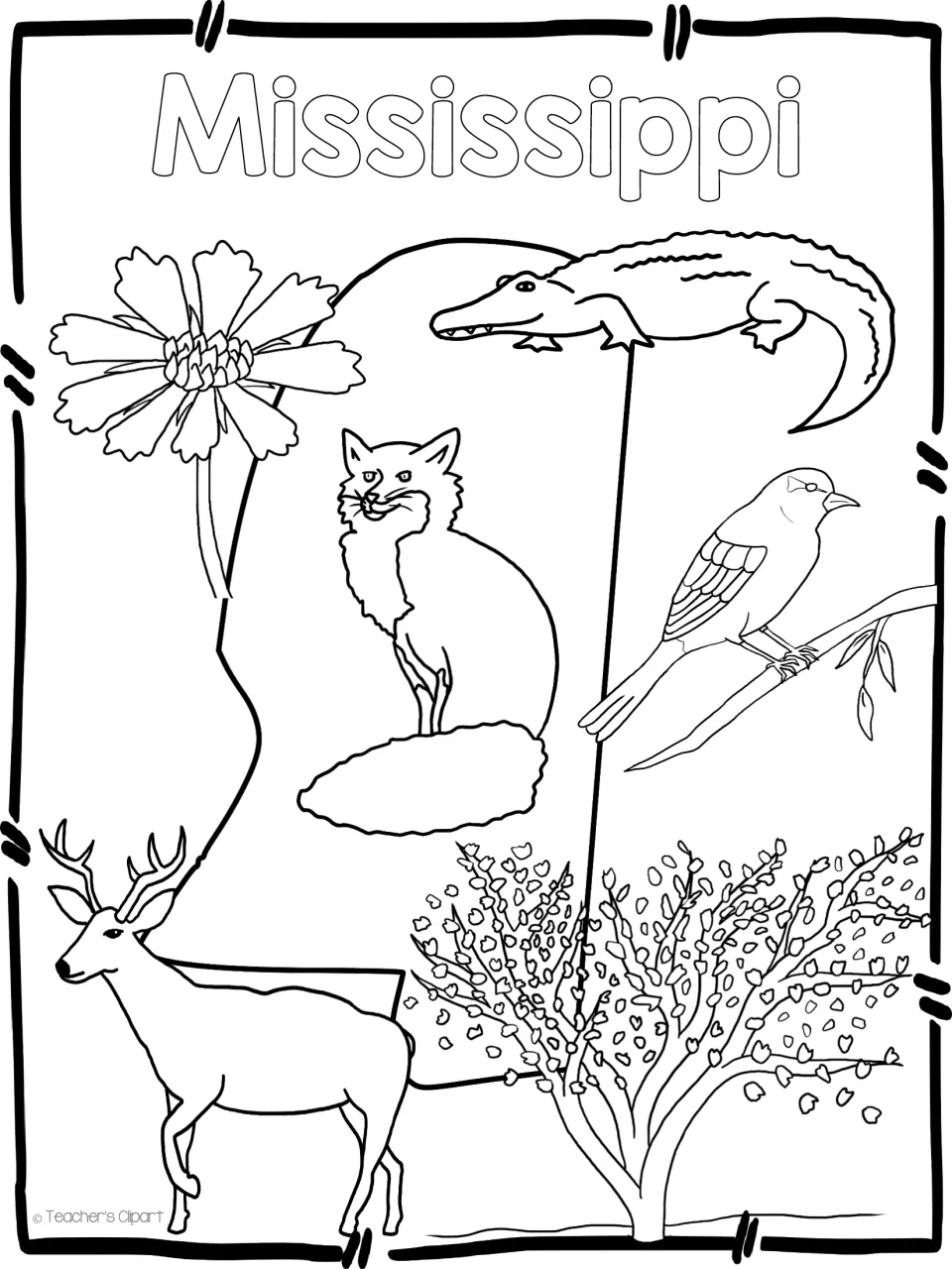 Mississippi state symbols in black line art: a flower, alligator, fox, bird, deer and blossoming tree around the outline