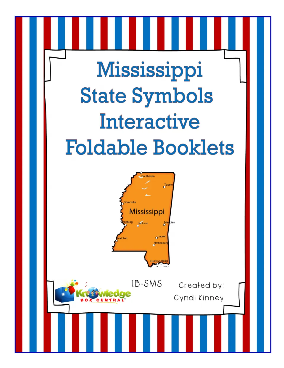 Mississippi state symbols foldable booklets cover with an orange state map marking Jackson, Tupelo, Biloxi and other cities