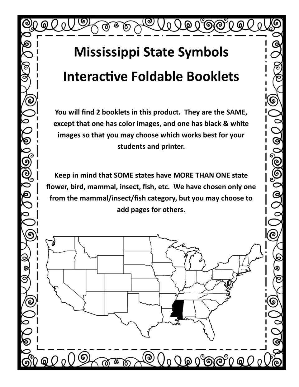 Product overview: two Mississippi booklets, one in color and one black and white, with a US map shading Mississippi