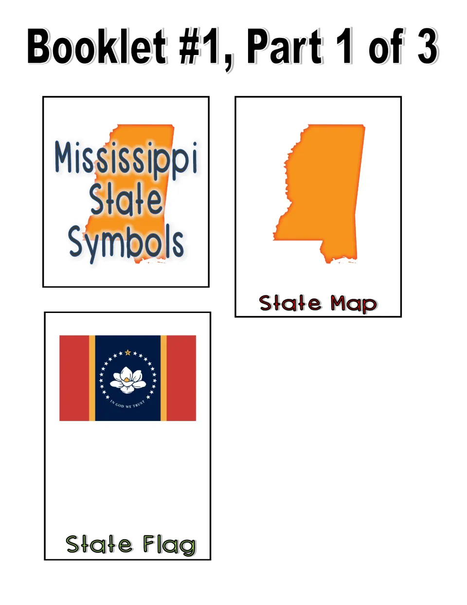 Color booklet #1, part 1: students cut out the title, orange State Map and State Flag flaps showing the magnolia flag