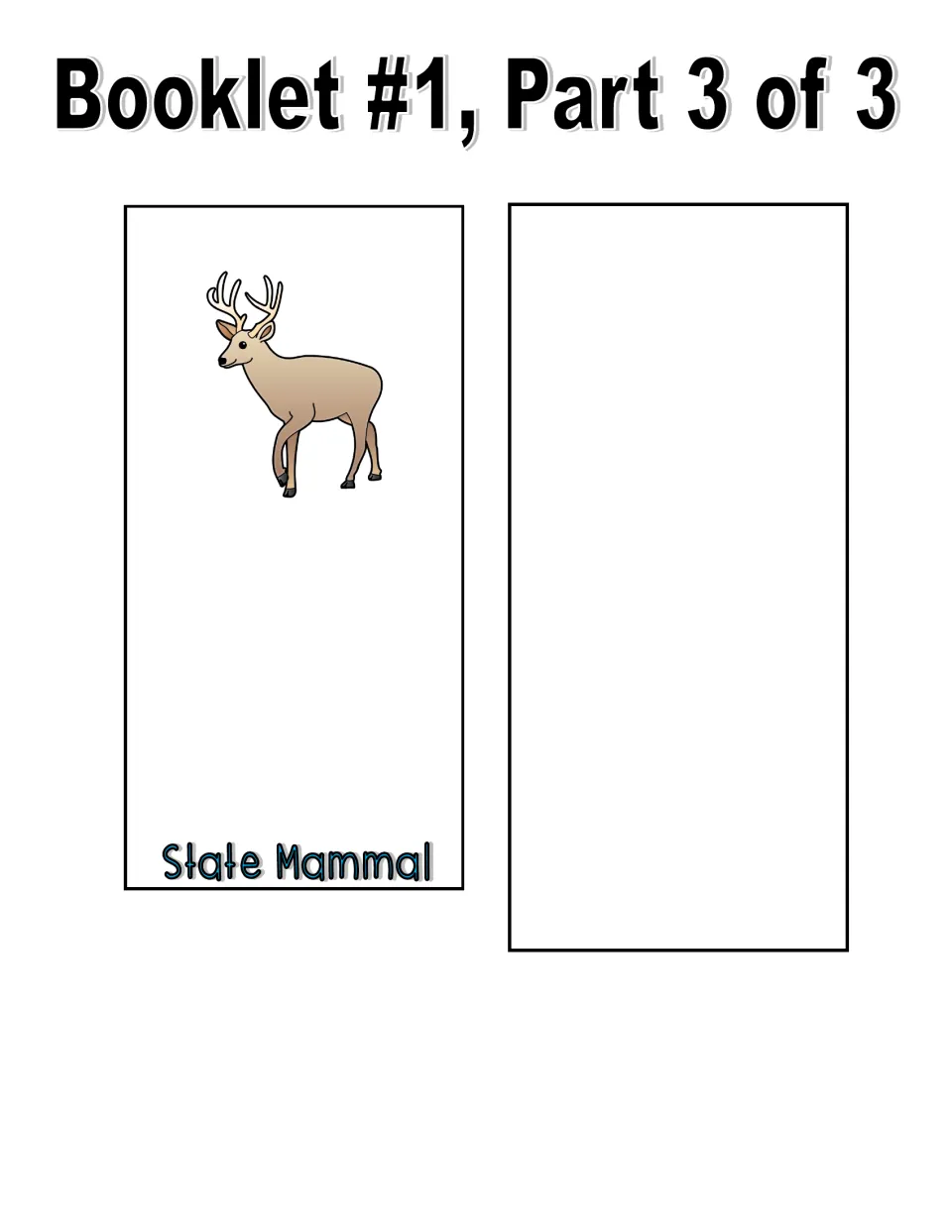 Color booklet #1, part 3: State Mammal flap showing a deer, plus a blank extra flap for writing about another state symbol