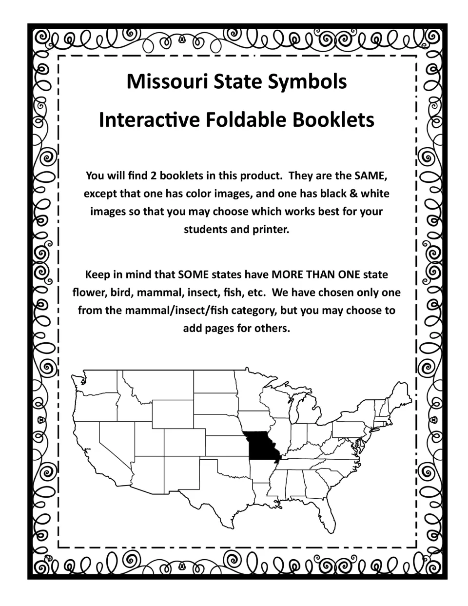 Teacher note: two identical booklets, one in color and one black and white, plus a US map with Missouri shaded in black