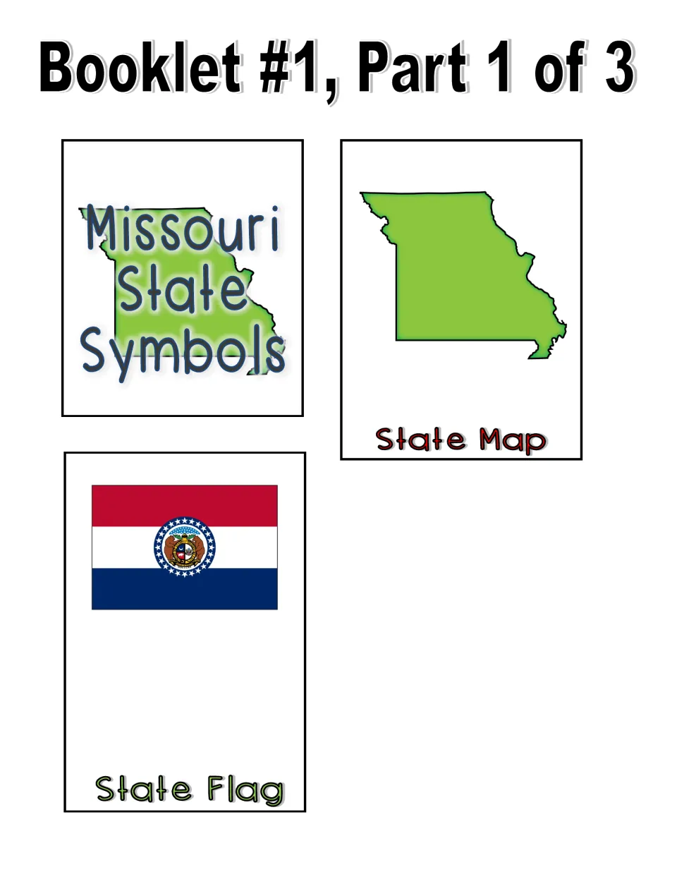 Color booklet part 1 of 3: cut-out title page, green state outline labeled State Map and the flag labeled State Flag
