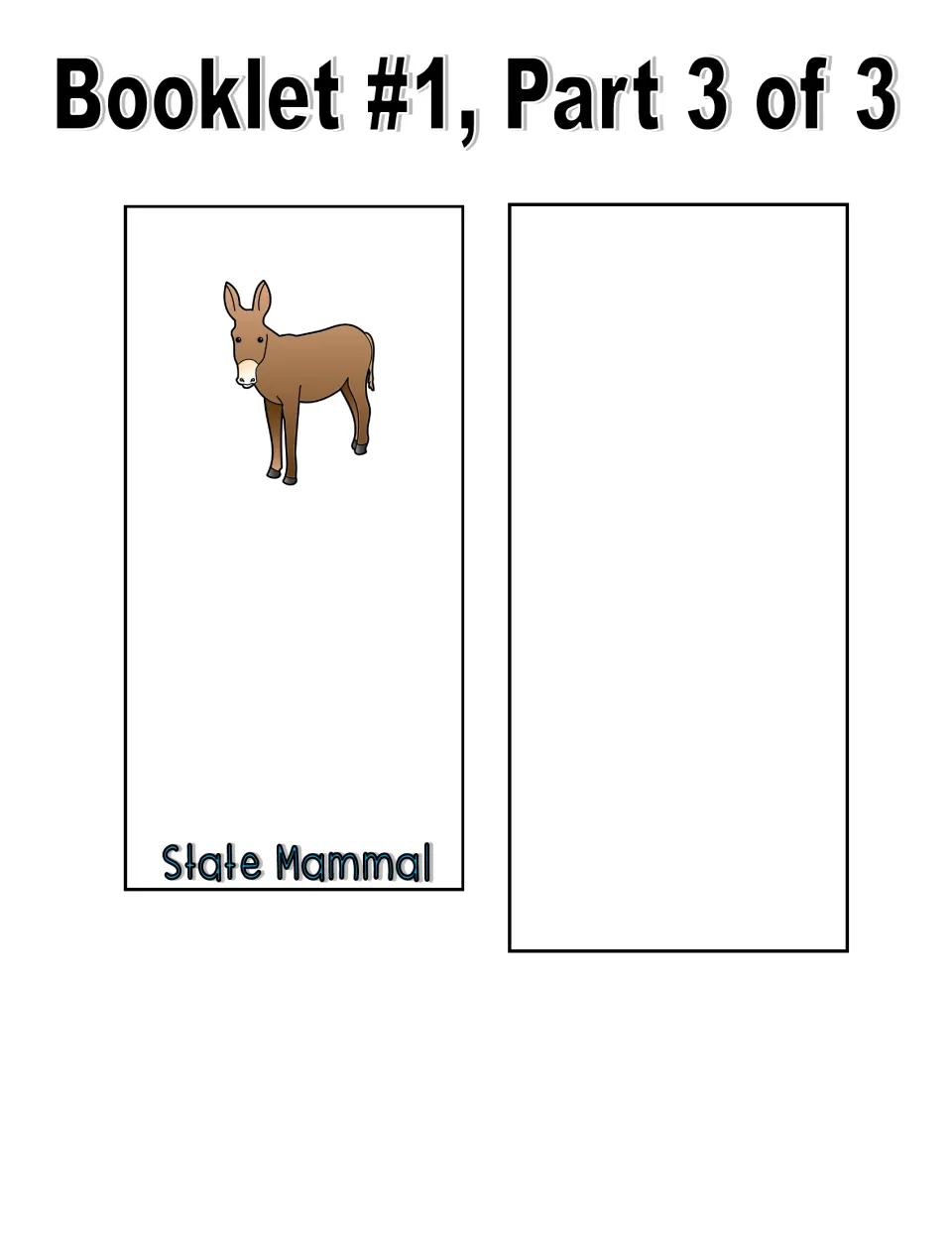 Color booklet part 3 of 3: State Mammal page showing a brown donkey, plus a blank extra page for any other symbol