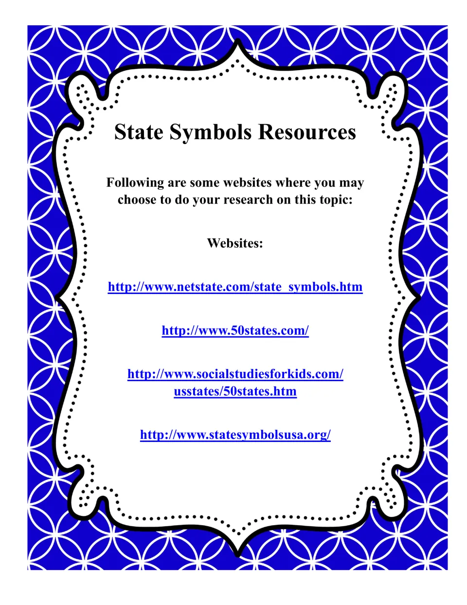 State Symbols Resources: four research websites, including netstate.com, 50states.com and statesymbolsusa.org