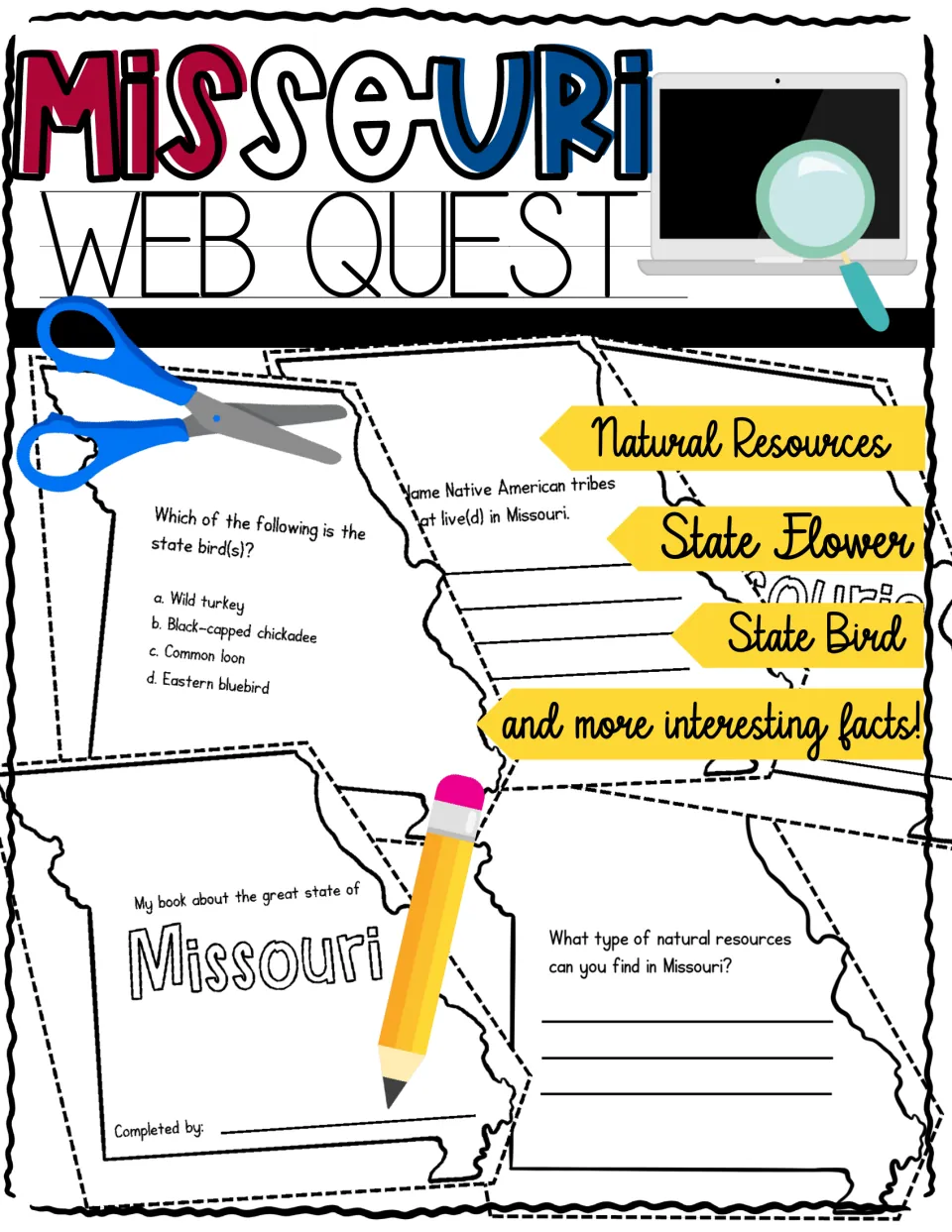 Missouri WebQuest cover: state-shaped booklet pages on natural resources, state flower, state bird and other state facts