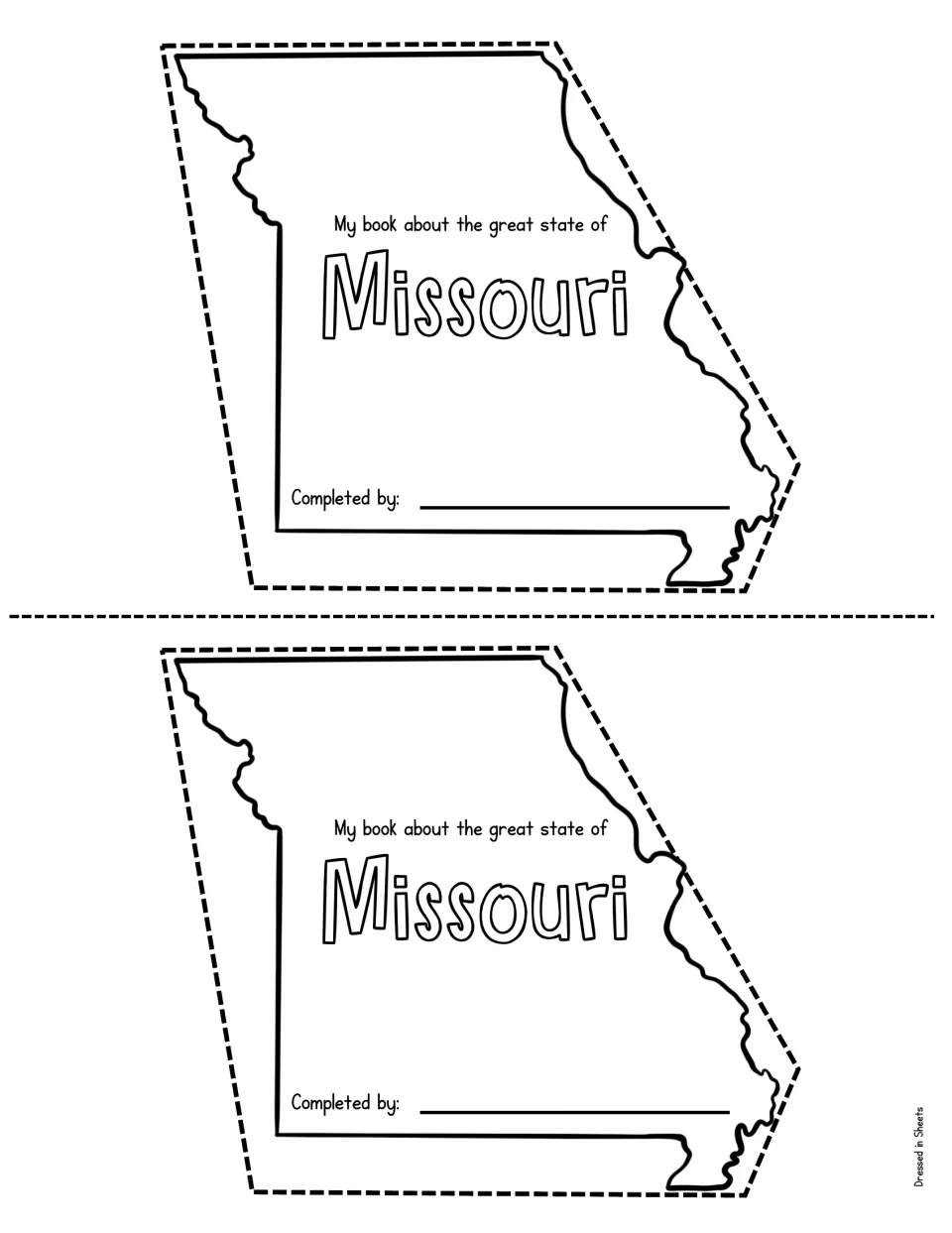 Booklet title page shaped like Missouri reading 'My book about the great state of Missouri' with a Completed by name space