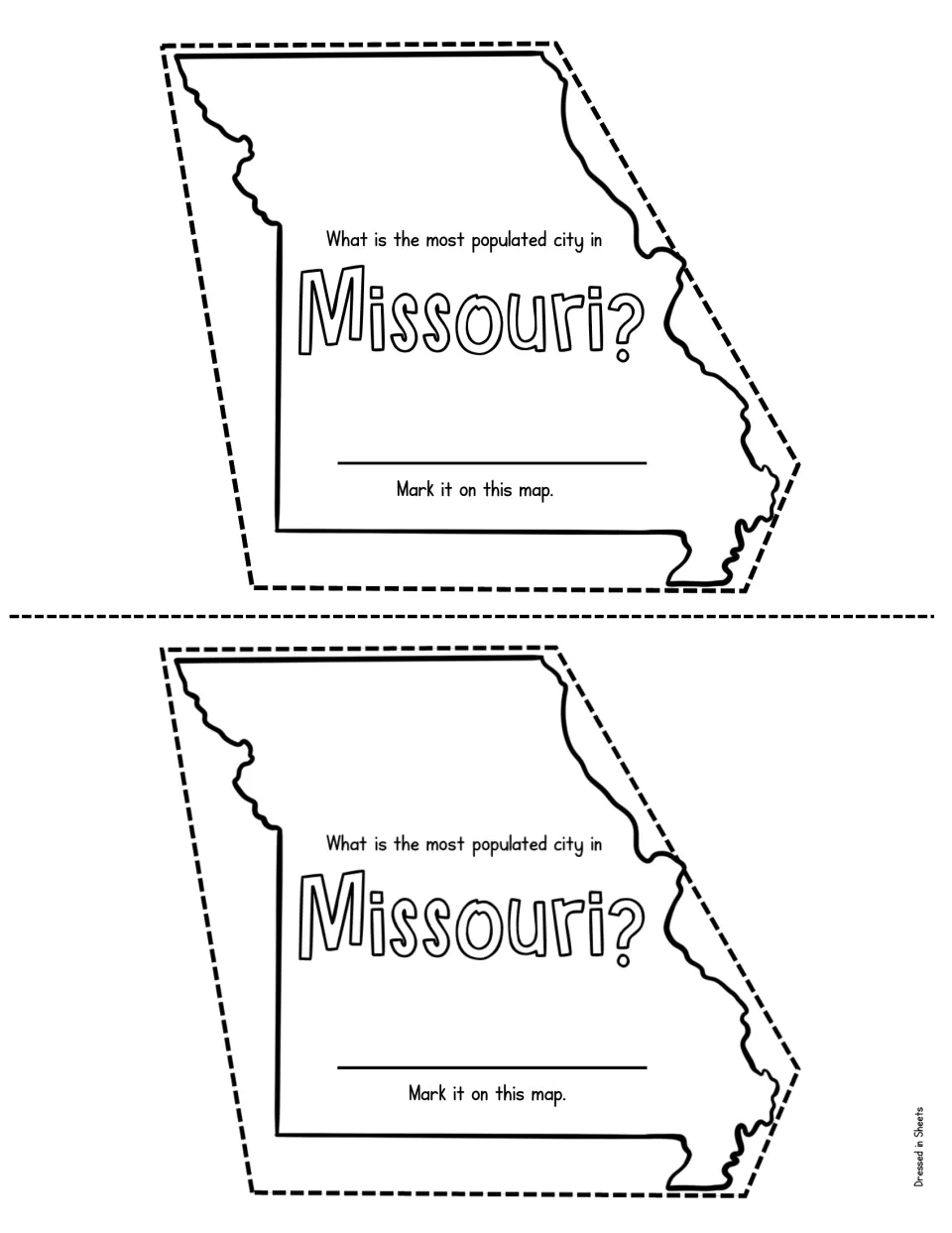 Missouri population question: students research the most populated city, write its name and mark it on the state map