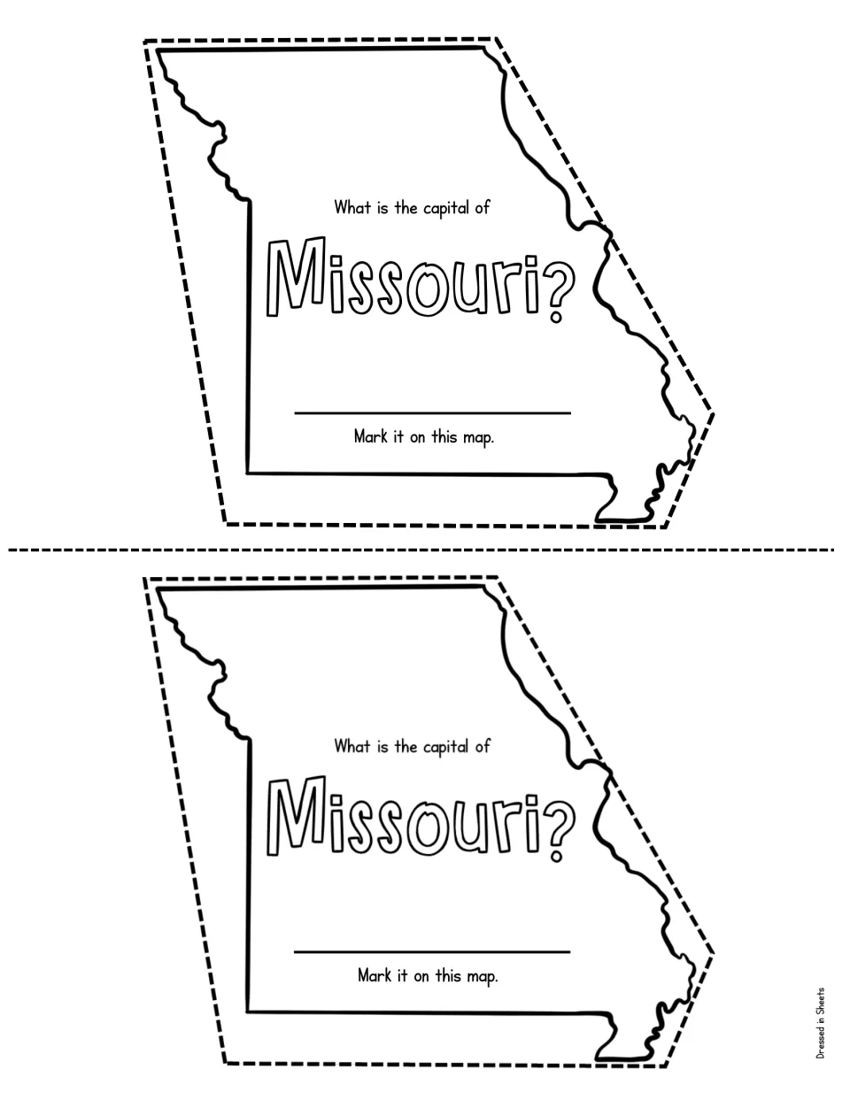 Missouri state capital: students look up the capital city, write it in and locate it on the outline map of the state