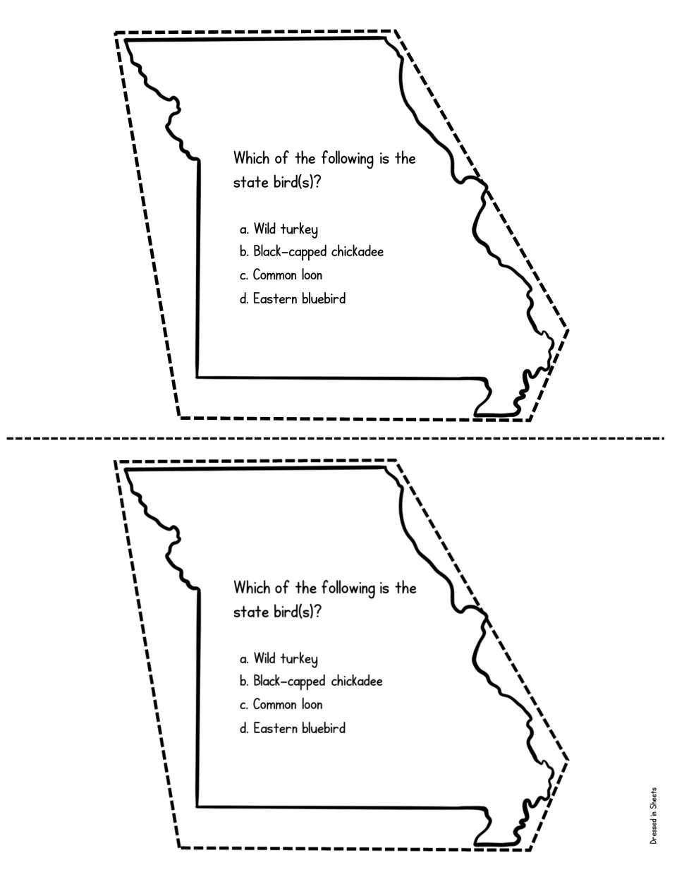 Missouri state bird quiz: students choose from wild turkey, black-capped chickadee, common loon or eastern bluebird
