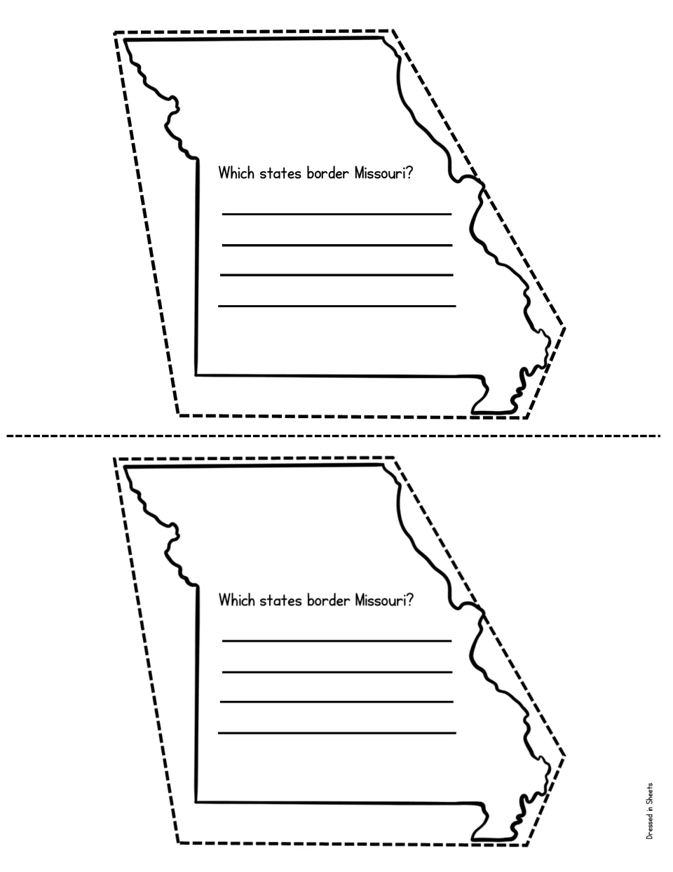 Missouri neighbors: students research and write the names of the states that border Missouri on the map-shaped page