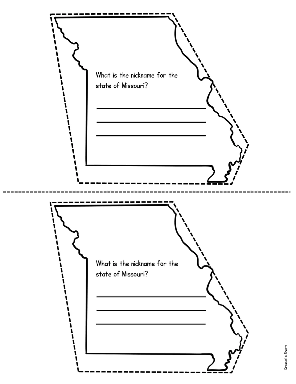 Missouri state nickname: students find and write the nickname for the state on a booklet page shaped like Missouri