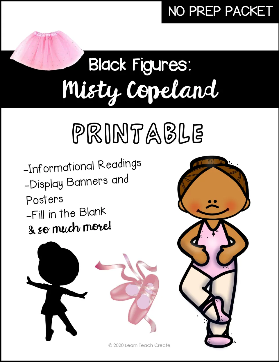 Cover of the Misty Copeland packet listing informational readings, display banners, posters, and fill-in practice