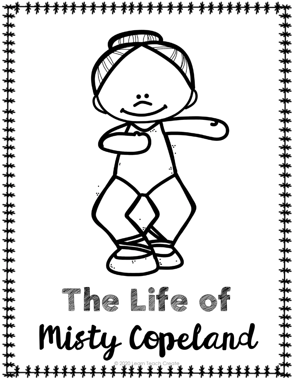 Black-and-white display page titled 'The Life of Misty Copeland' with a ballerina for the biography packet