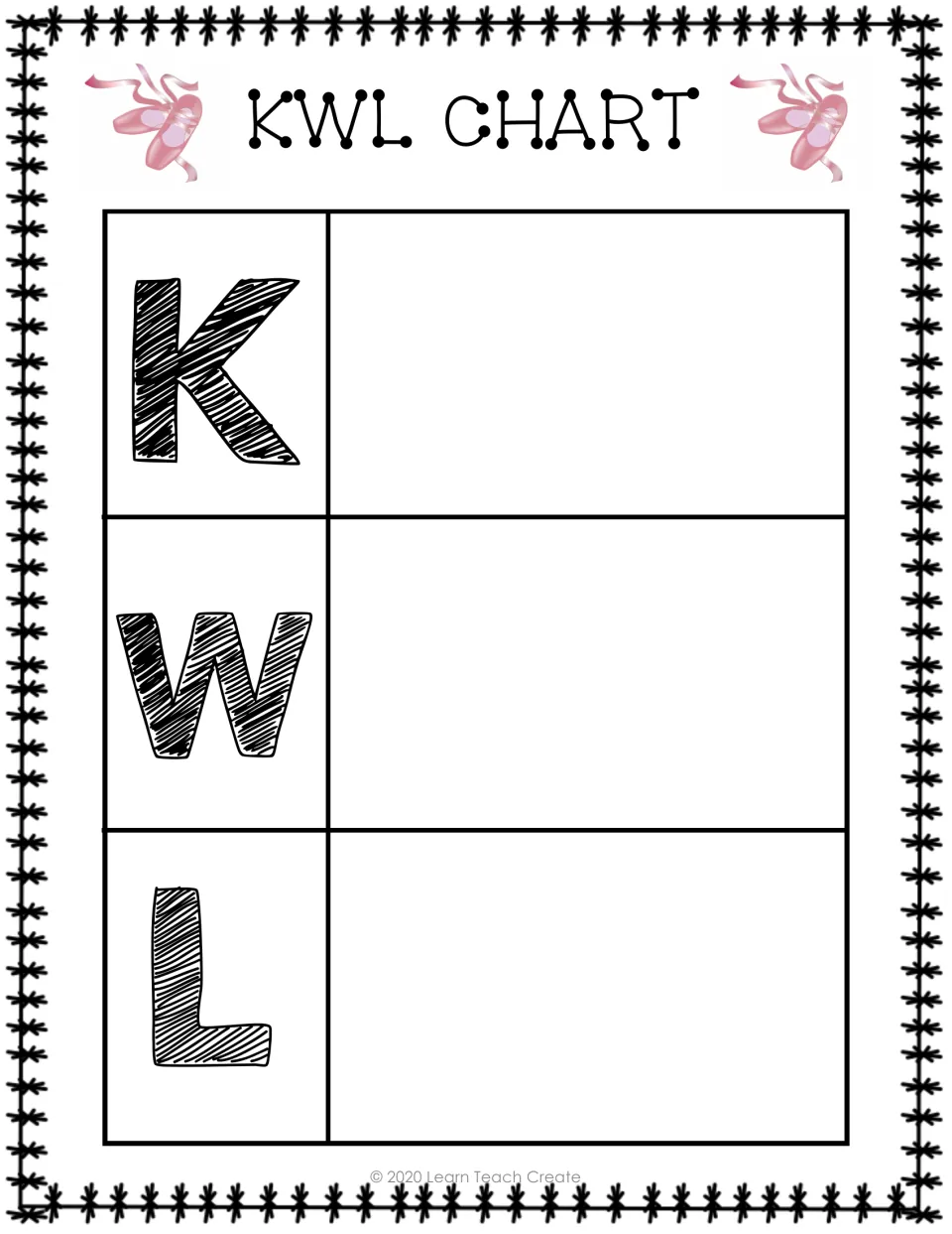KWL chart for the Misty Copeland packet with blank sections labeled K, W, and L to record prior and new learning