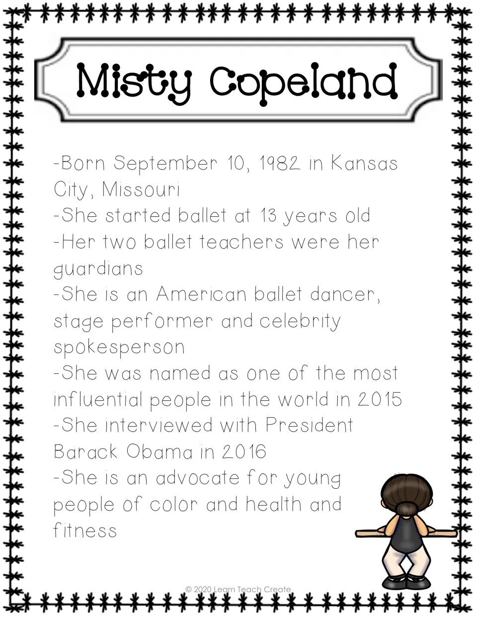 Misty Copeland fact sheet with color art lists her birthplace, ballet start at age 13, career, and advocacy