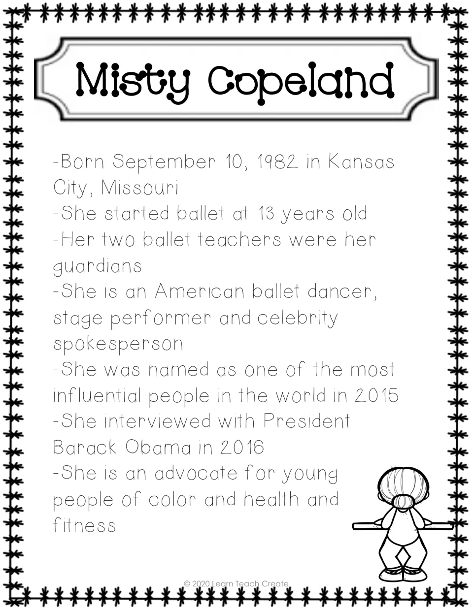 Black-and-white Misty Copeland fact sheet lists her ballet start, 2015 recognition, and 2016 Obama interview